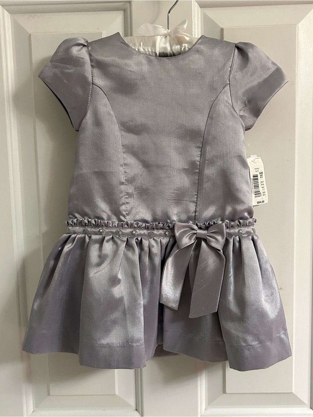 NWT-Edgehill Collection Silver Satin Bow-Trim Girls' Formal Dress